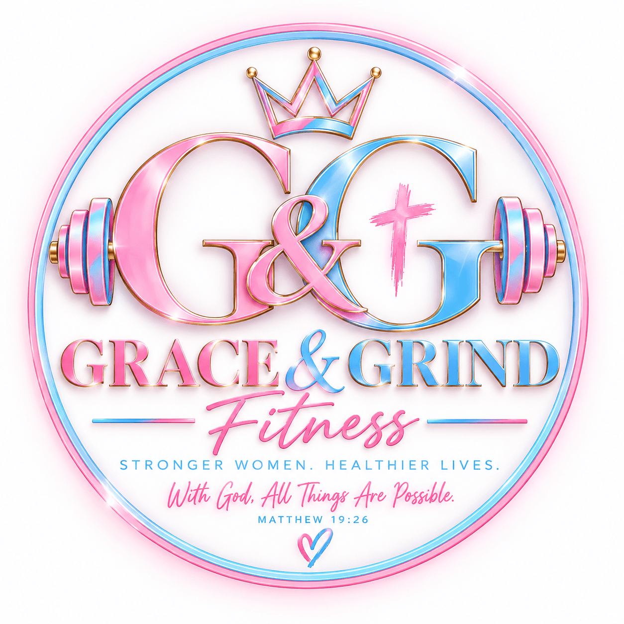 Circular pink and blue Grace & Grind Fitness logo with a crown, dumbbells, and inspirational text.