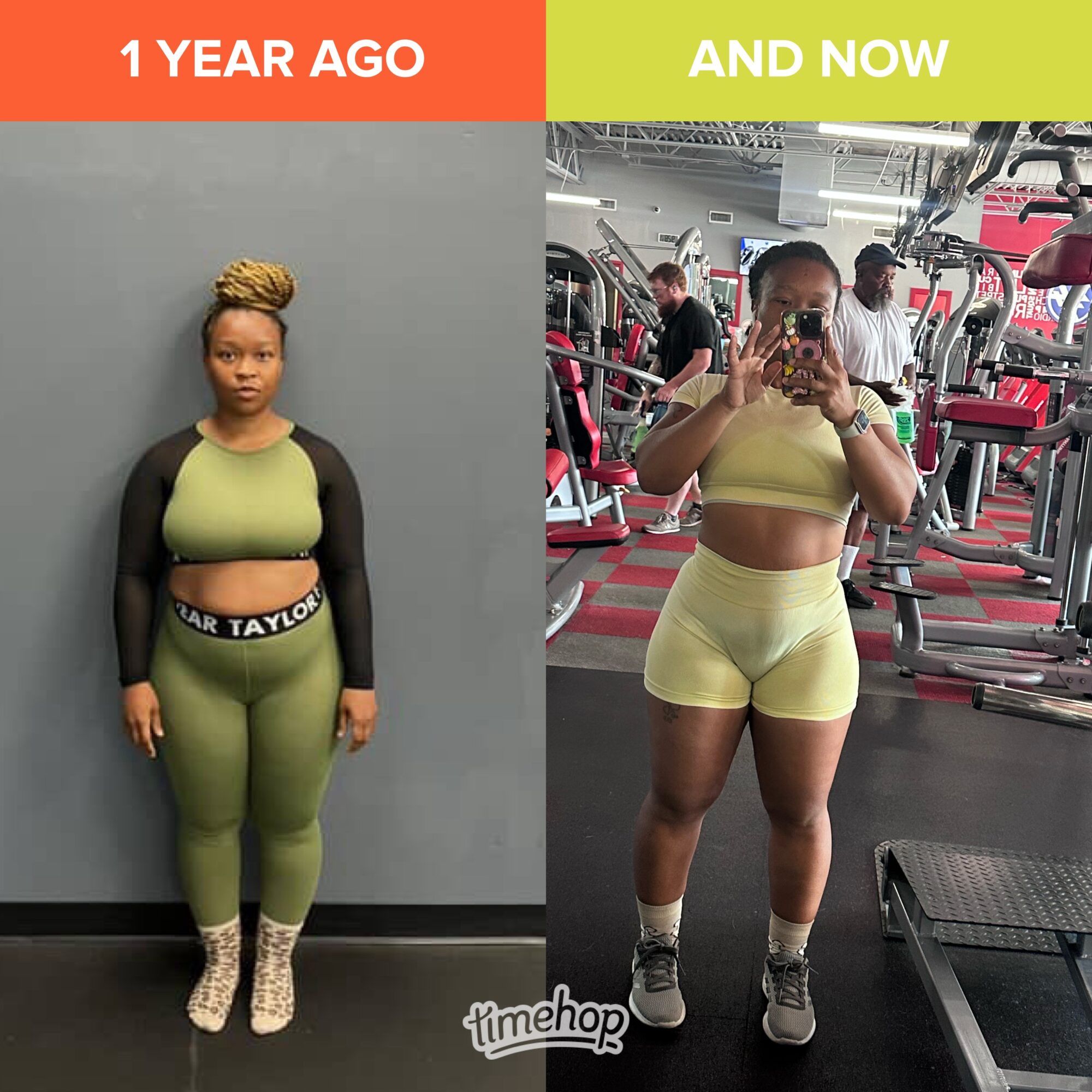 Before-and-after fitness photos show a person in green workout clothes, then in a gym wearing yellow workout clothes.