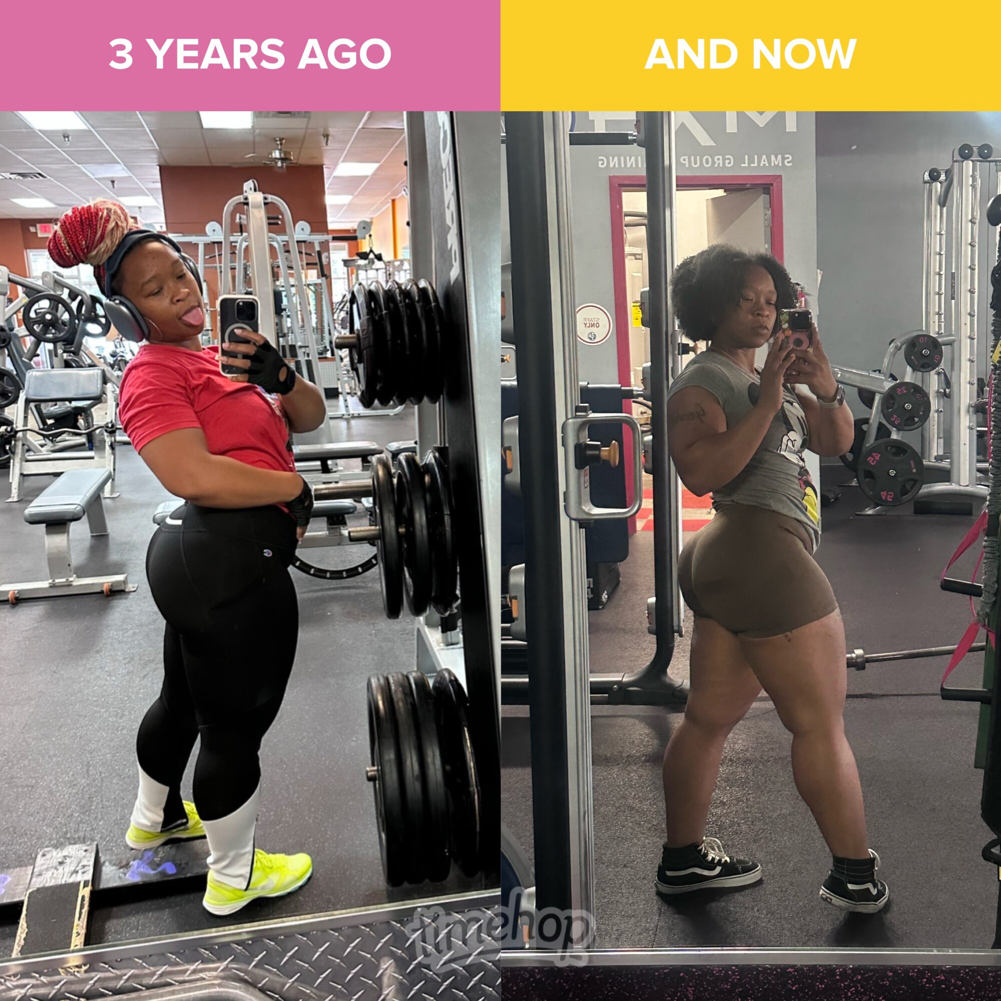 Side-by-side gym mirror selfies labeled “3 years ago” and “and now,” with a person posing in workout clothes.
