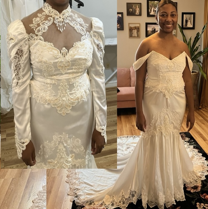 Two side-by-side views of a person wearing an ivory lace wedding dress, shown in a fitting room and a living room.