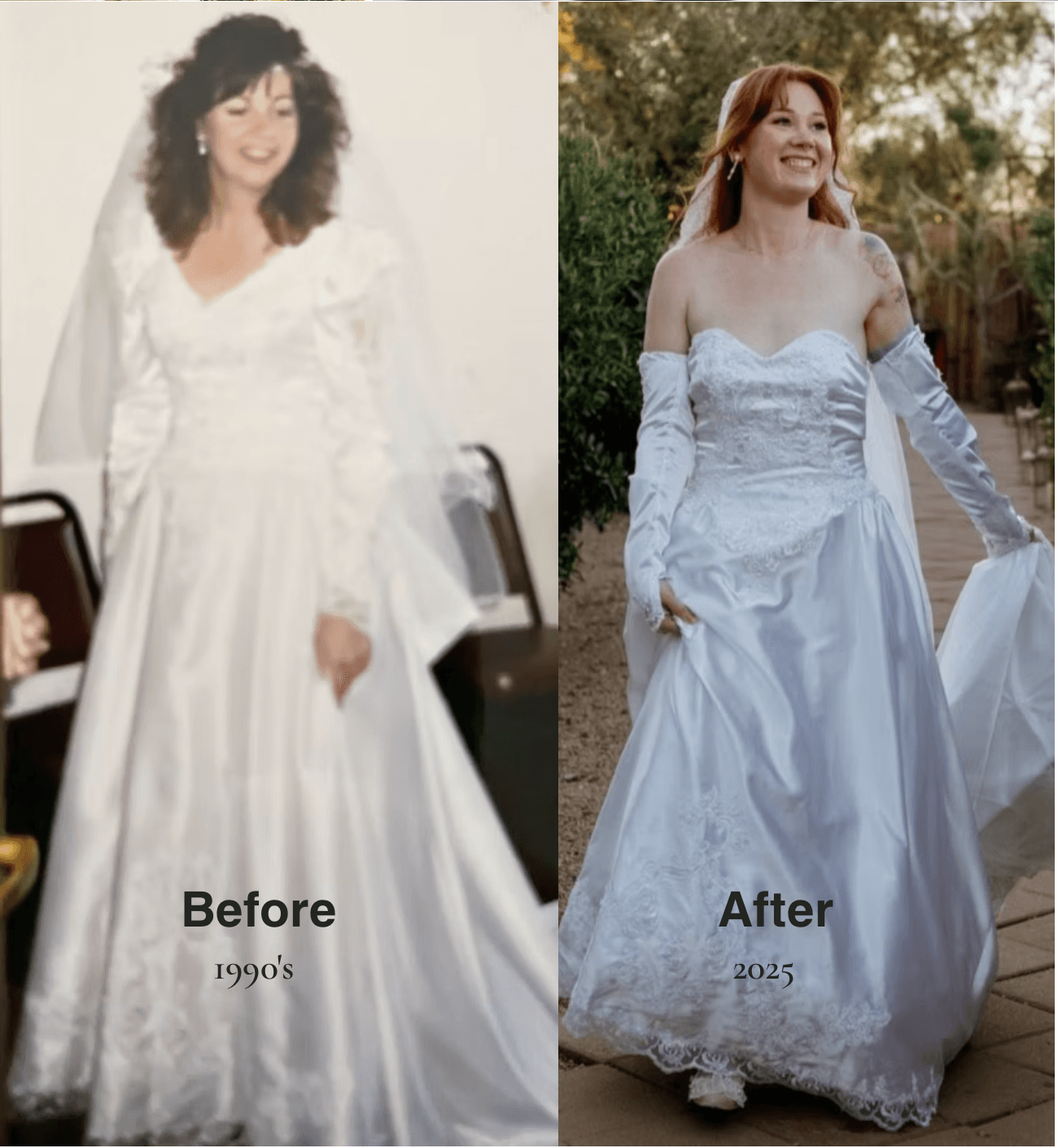 Side-by-side wedding portraits labeled “Before 1990s” and “After 2025,” showing two people in white wedding dresses.