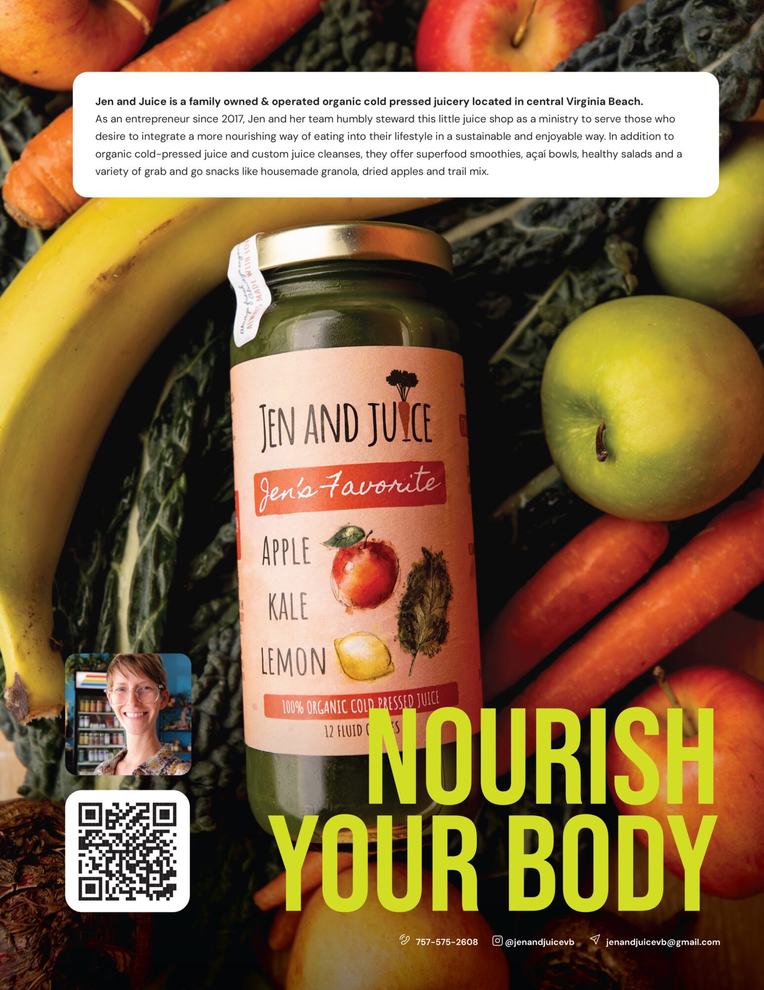 A bottle of Jen and Juice surrounded by bananas, apples, carrots, and leafy greens, with a QR code and promotional text.