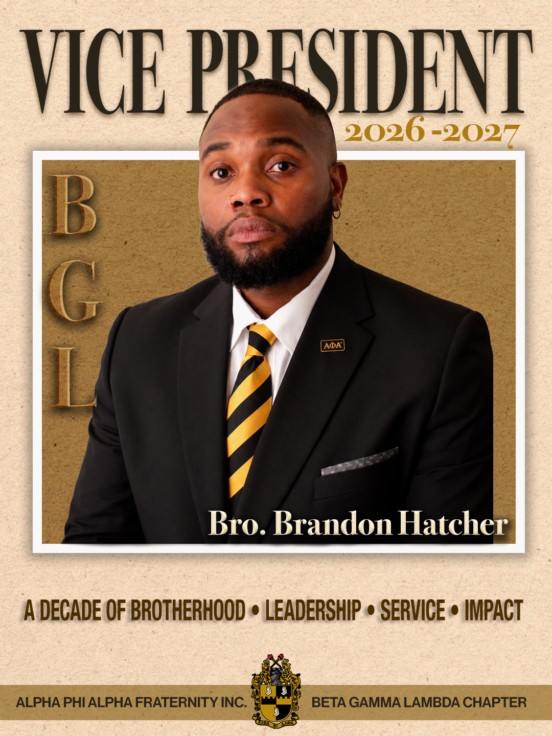 Poster featuring a portrait of a man in a suit, labeled Vice President 2026–2027, with fraternity chapter text.