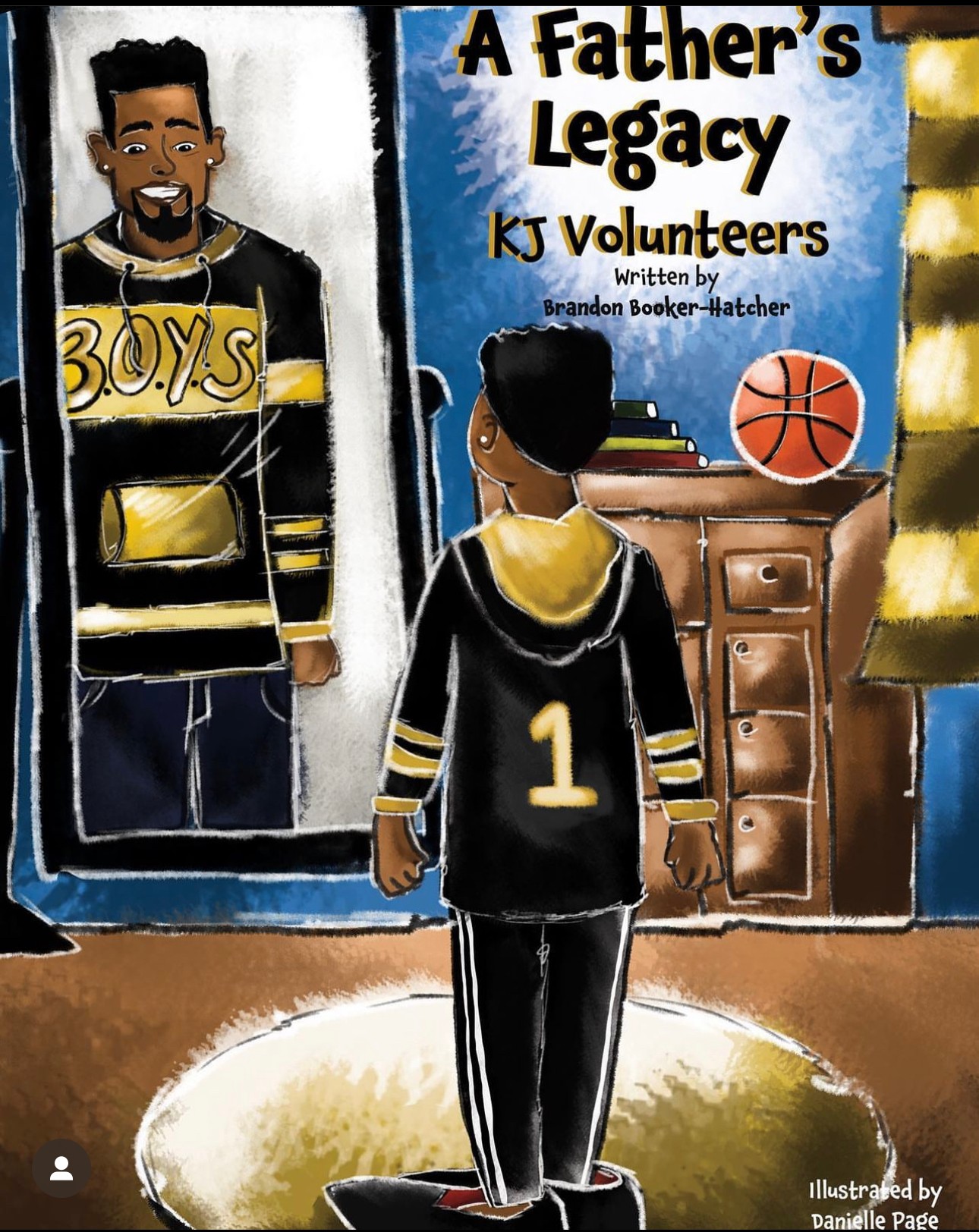 Illustrated book cover showing a basketball player facing a framed portrait, with the title “A Father’s Legacy.”