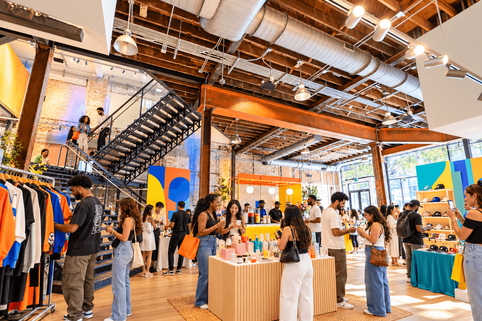 People browse clothing racks and display tables in a bright indoor market with exposed beams and a staircase.